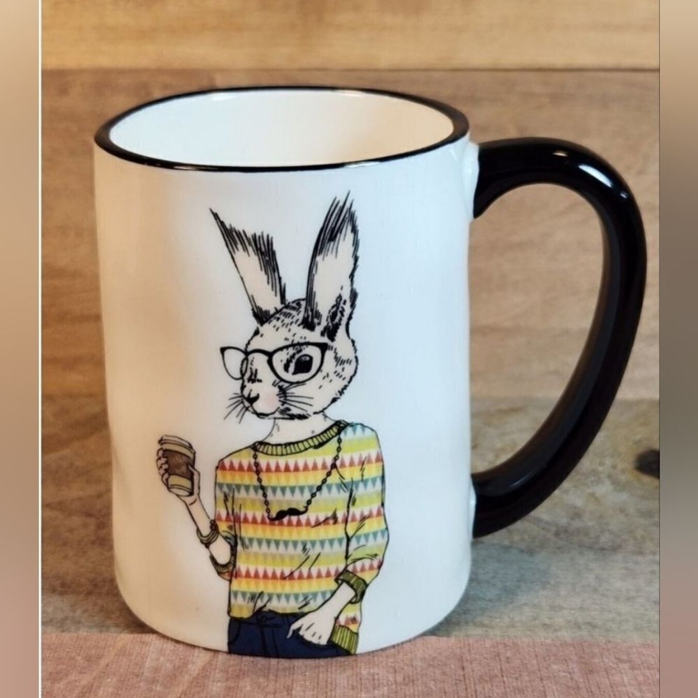 Signature Housewares Inc Hipster Inspired 17.5oz Stoneware Coffee Mug Rabbit NEW - Picture 2 of 6